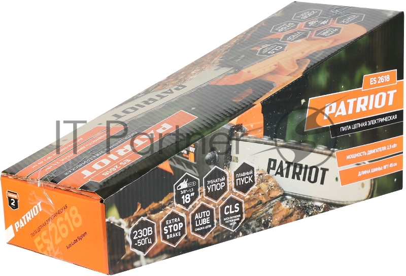 Пила цепная электрическая PATRIOT ES 2618, 2.5кВт,18 шина, продольный двигатель, плавный пуск, бесключевая натяжка цепи