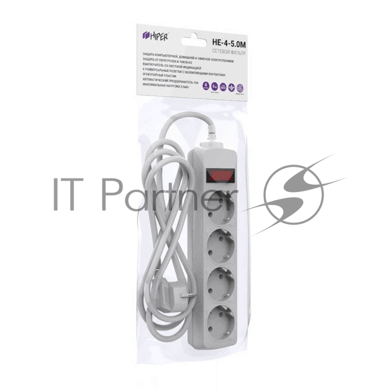 Сетевой фильтр Hiper Сетевой фильтр HIPER 4 розетки с/з с выключателем, 16А, 5м, белый
