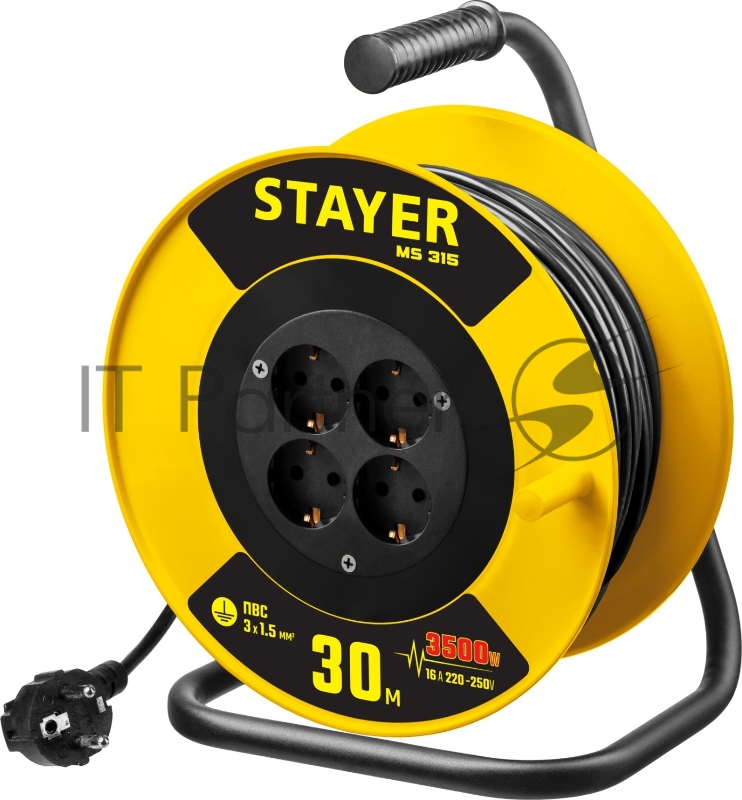 Удлинитель на катушке MS 315, 30 м, 3500 Вт, заземление, 4 гнезда, ПВС 3x1,5 кв мм, STAYER