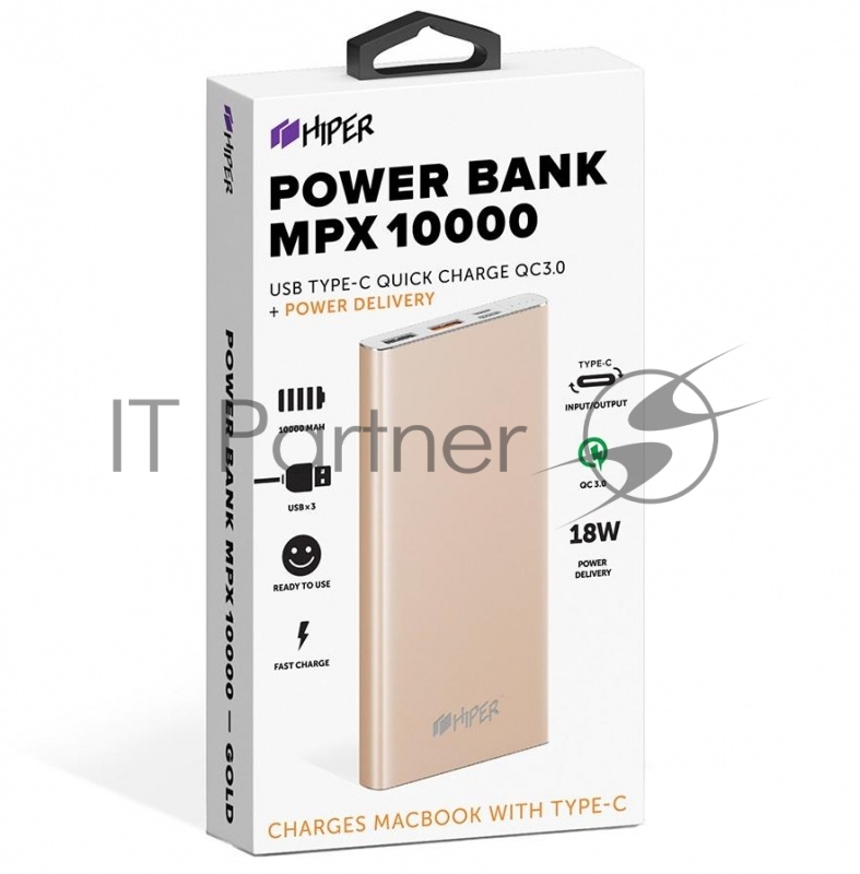 Мобильный аккумулятор Hiper MPX10000 Li-Pol 10000mAh 2.4A+3A+3A золотистый 2xUSB