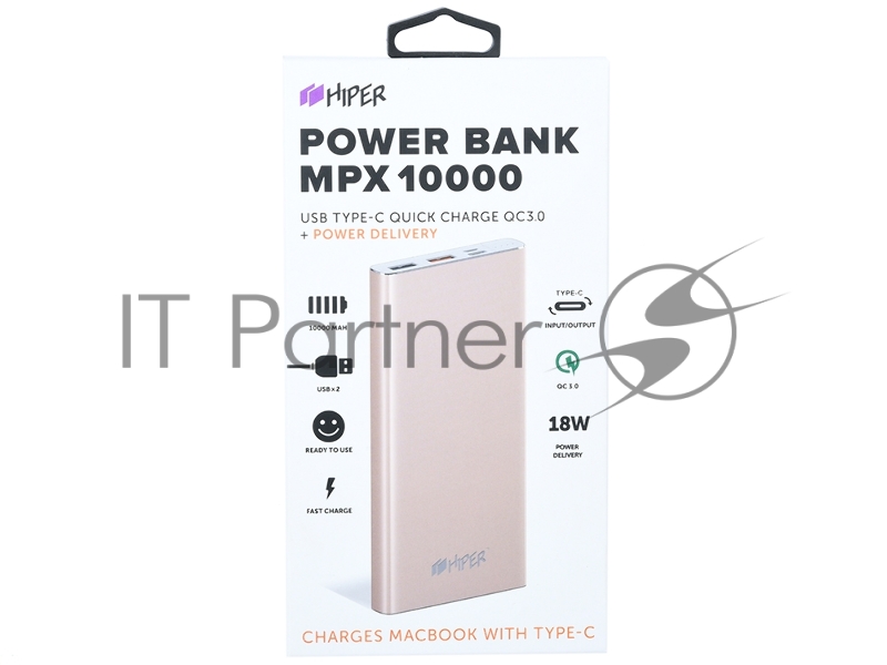 Мобильный аккумулятор Hiper MPX10000 Li-Pol 10000mAh 2.4A+3A+3A золотистый 2xUSB