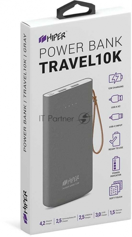 Аккумулятор HIPER Внешний аккумулятор HIPER TRAVEL10K Li-Pol 10000 mAh Soft-touch 3A+3A 2xUSB 1xType-C серый