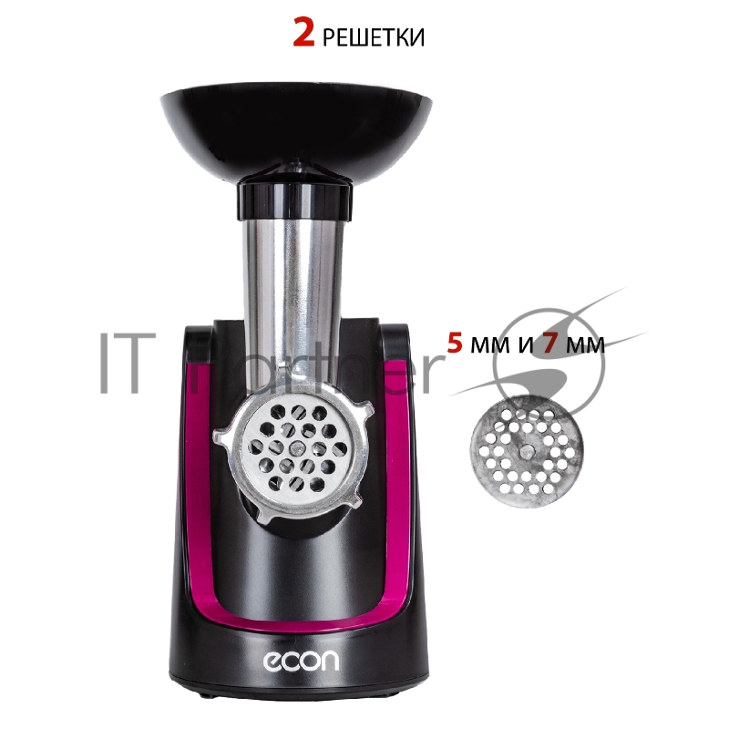 Мясорубка Econ ECO-1062MG, Макс. мощность 2000 Вт, Производительность 2,2 Кг/мин, Функция - реверс, Пластиковый лоток, 1 скорость, Нож из высококачественной стали, Защита от перегрузки двигателя, В комплекте 2 решетки 7/5 мм, Насадки для приготовлени