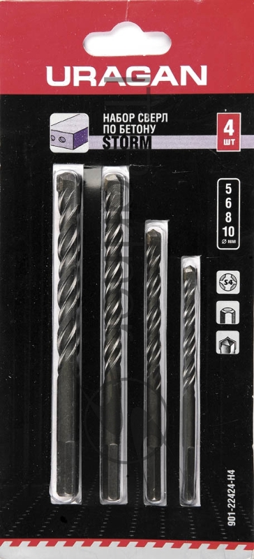 Набор сверл по бетону с шестигранным хвостовиком URAGAN STORM 4 шт: d 5-6-8-10 мм
