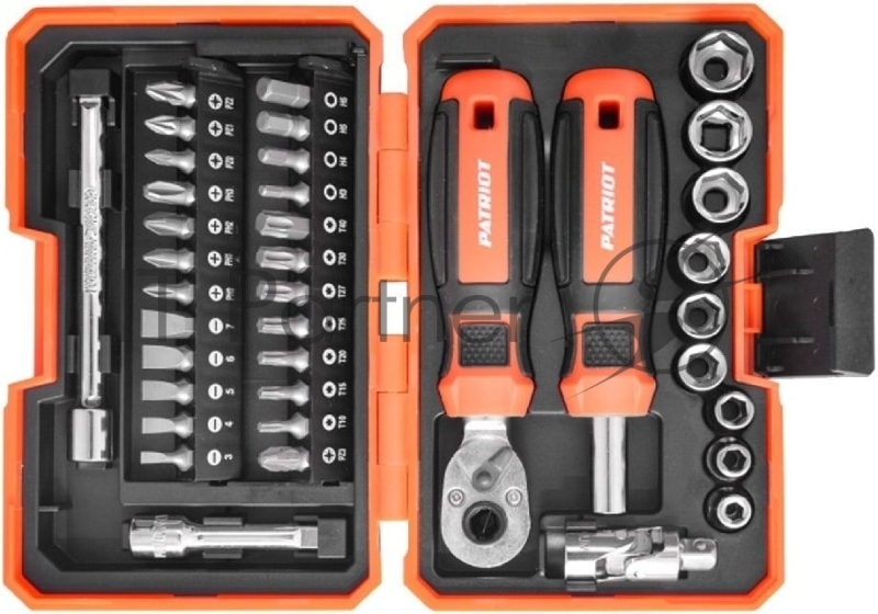 Набор инструментов Patriot SPS-38 трещотка с торцевыми головками, отвертка-битодержатель с битами, CR-V, двухкомпонентные рукоятки, 38 предметов