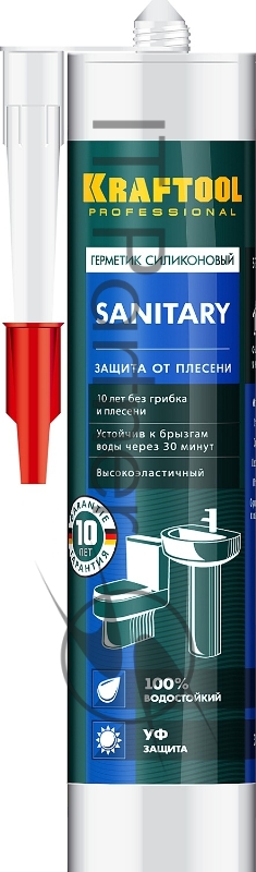 Герметик силиконовый KRAFTOOL белый, санитарный, для помещений с повышенной влажностью, 300мл