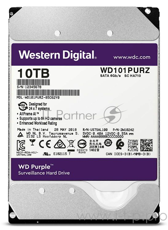 Жесткий диск 10TB WD Purple (WD101PURZ) {Serial ATA III, 5400- rpm, 256Mb, 3.5