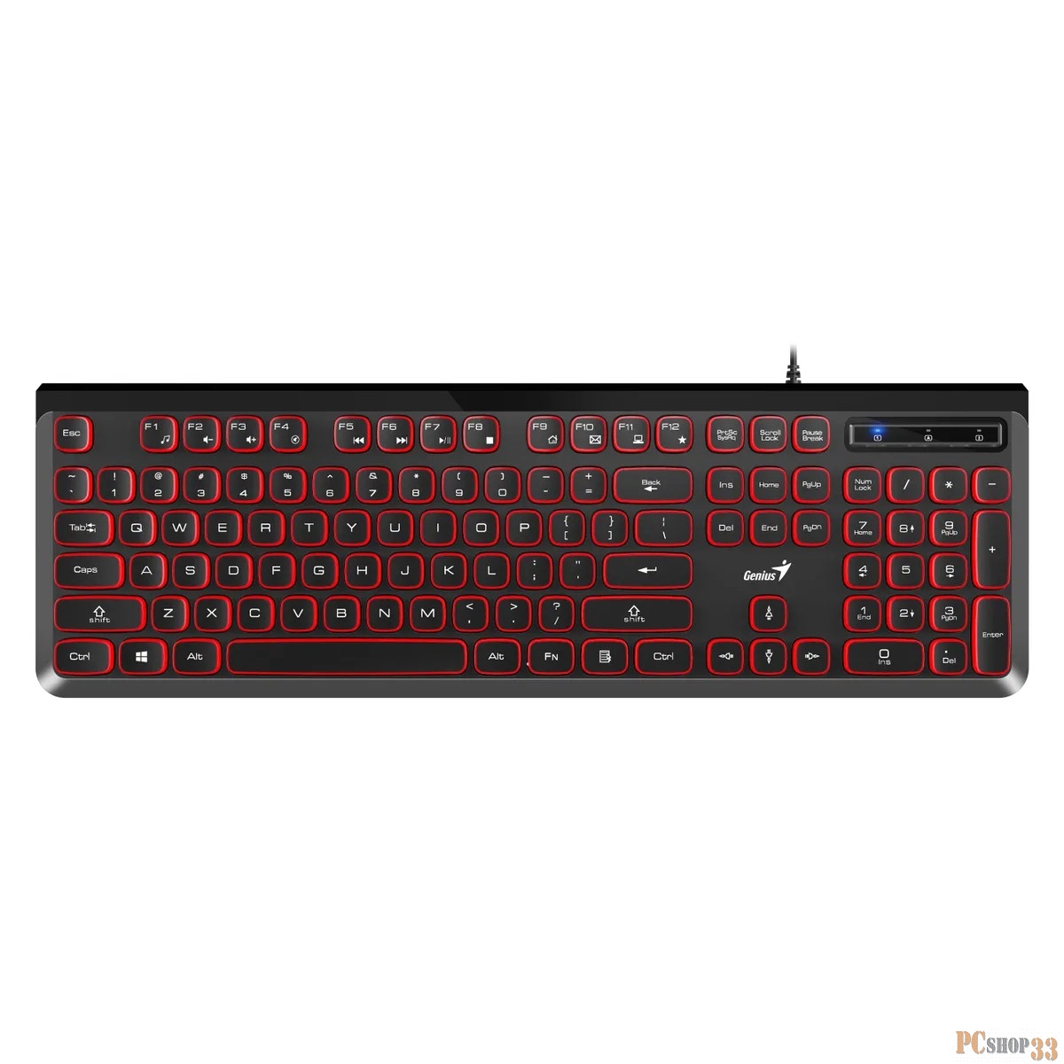 Клавиатура проводная Genius SlimStar 260. Тихий набор, 104 клавиши. Шестигранный дизайн корпуса. Расширенная подставка с прорезиненными ножками. Подключение USB Plug-and-Play. Цвет: красно-черный