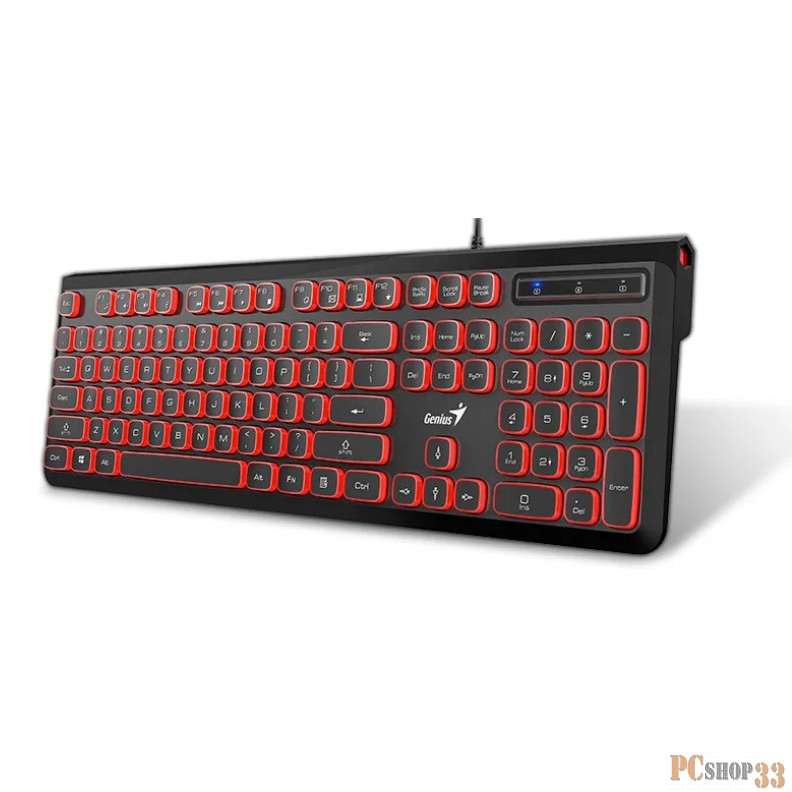 Клавиатура проводная Genius SlimStar 260. Тихий набор, 104 клавиши. Шестигранный дизайн корпуса. Расширенная подставка с прорезиненными ножками. Подключение USB Plug-and-Play. Цвет: красно-черный