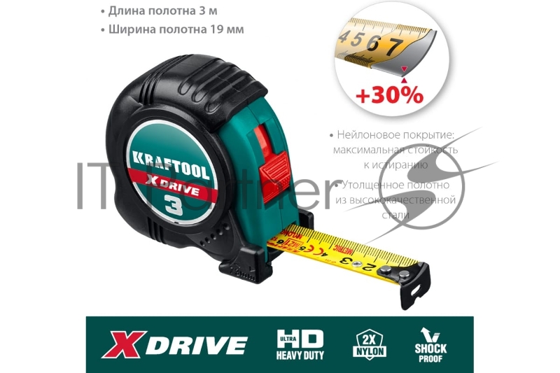 Рулетка KRAFTOOL X-Drive 3м / 19мм с ударостойким обрезиненным корпусом