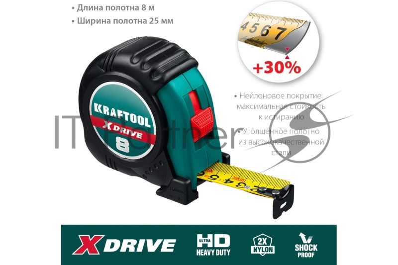 Рулетка KRAFTOOL X-Drive 8м / 25мм с ударостойким обрезиненным корпусом