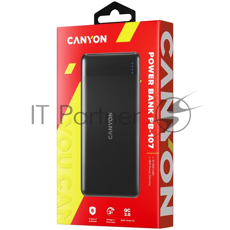Внешний аккумулятор CANYON PB-107 Power bank 10000mAh Li-poly battery, Input Micro/PD 18W(Max), Output PD/QC3.0 18W(Max), quick charging cable 0.3m, 144*68*16mm, 0.25kg, Black