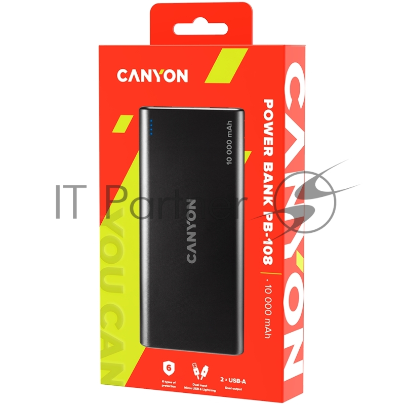 Внешний аккумулятор CANYON PB-108 Power bank 10000mAh Li-poly battery, Input 5V/2A, Output 5V/2.1A(Max), 140*68*16mm, 0.230Kg, Black