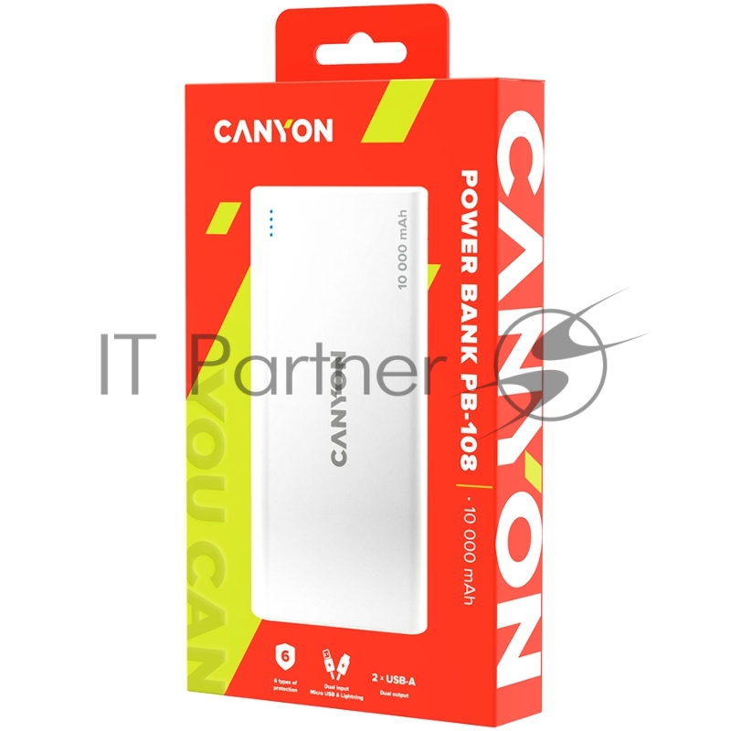 Внешний аккумулятор CANYON PB-108 Power bank 10000mAh Li-poly battery, Input 5V/2A, Output 5V/2.1A(Max), 140*68*16mm, 0.230Kg, White