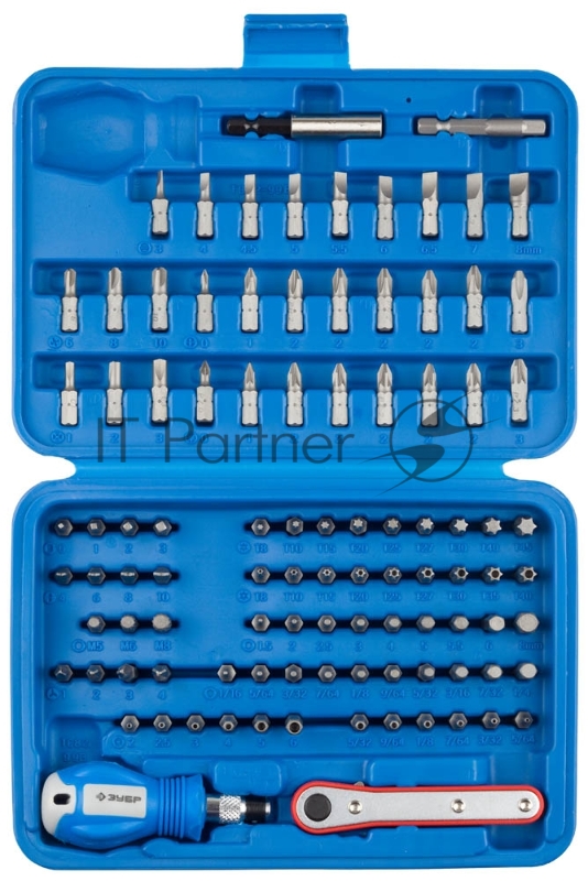 Набор ЗУБР Биты ЭКСПЕРТ УНИВЕРСАЛ, с мини-трещоткой и отверткой битодержателем, Cr-Mo, 99 предметов, в боксе.