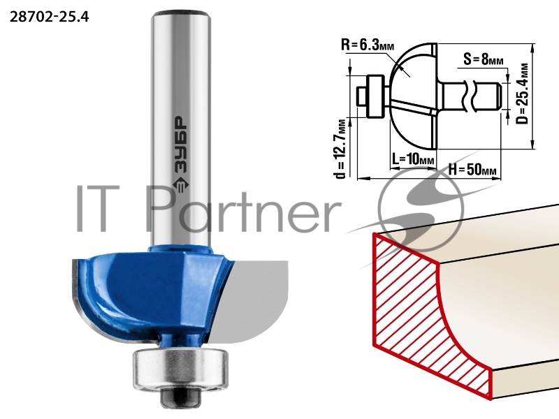 Фреза кромочная калевочная №2 ЗУБР 25.4x10мм, радиус 6.3мм,