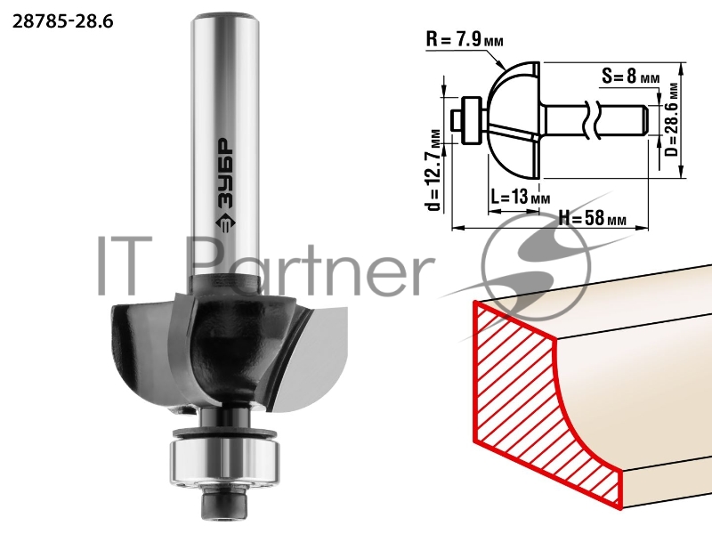 Фреза кромочная калевочная №2 ЗУБР 28,6x13мм, радиус 7.9мм,