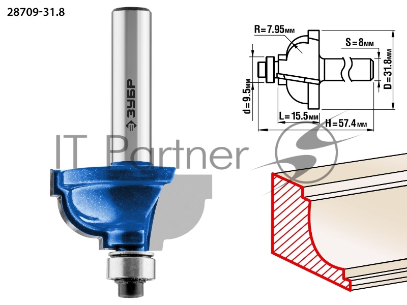 Фреза кромочная калевочная №7 ЗУБР 31,8x17мм, радиус 8мм,