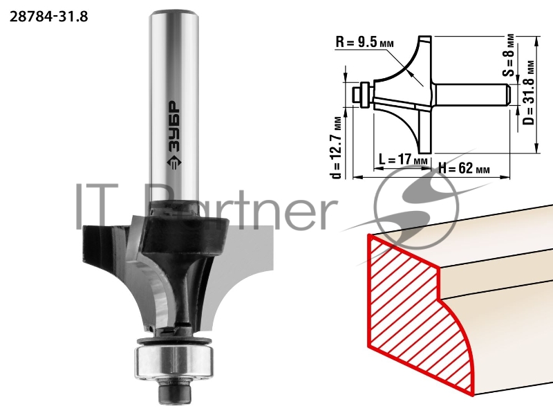 Фреза кромочная калевочная №1 ЗУБР 31,8x17мм, радиус 9.5мм,
