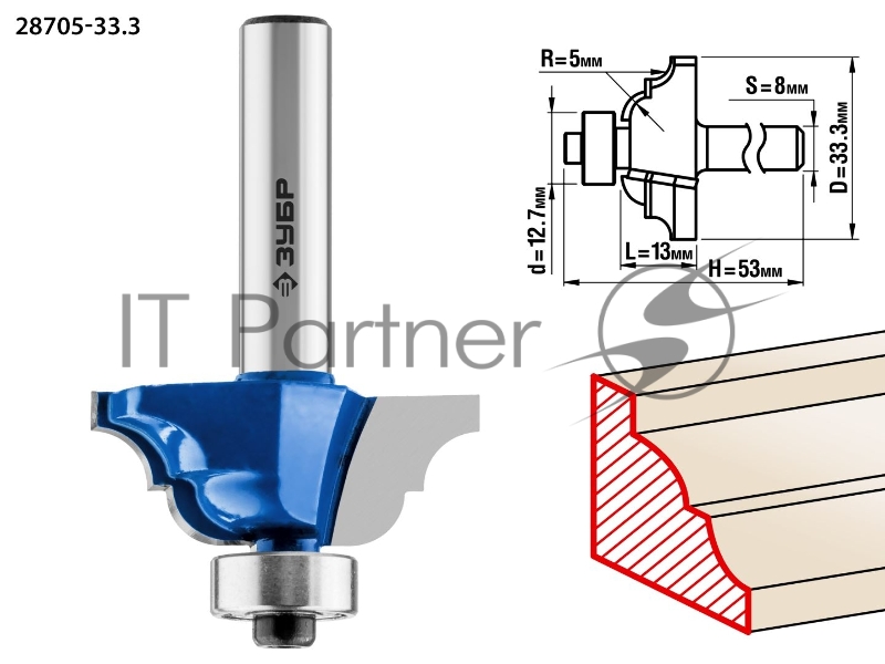 Фреза кромочная калевочная №4 ЗУБР 33,3x13мм, радиус 5мм,