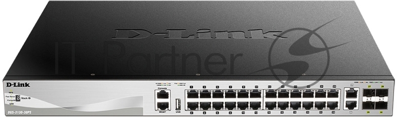 Управляемый стекируемый коммутатор D-Link DGS-3130-30PS/B1A PROJ 3 уровня с 24 портами 10/100/1000Base-T, 2 портами 10GBase-T и 4 портами 10GBase-X SFP+ (24 порта с поддержкой PoE (30 Вт)