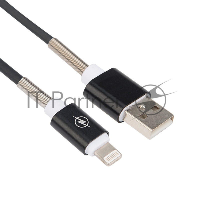 USB кабель для iPhone 5/6/7/8/Х моделей, черный силикон, 1 метр (с пружиной) REXANT