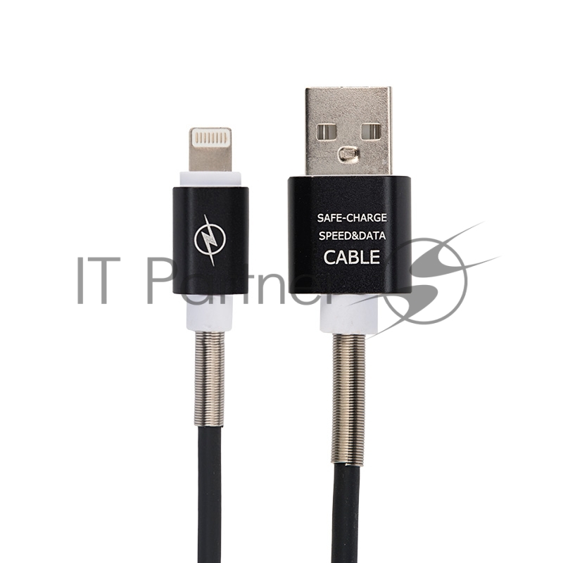 USB кабель для iPhone 5/6/7/8/Х моделей, черный силикон, 1 метр (с пружиной) REXANT