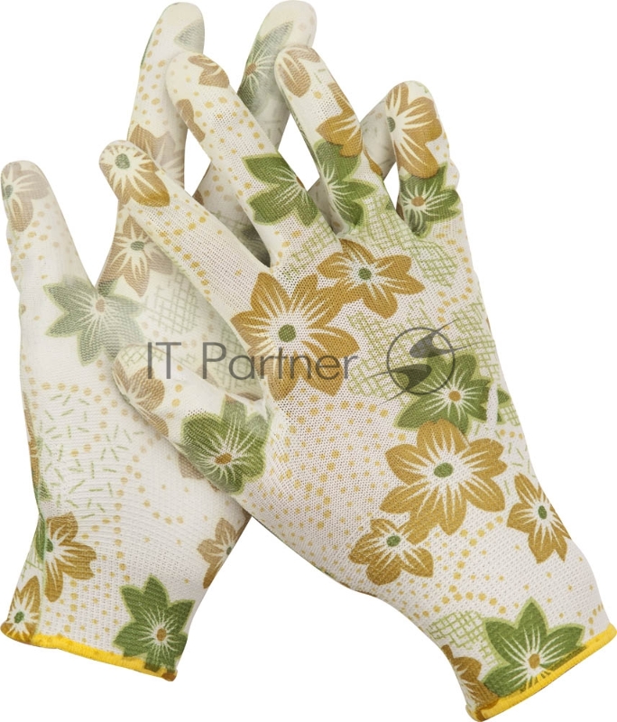 Перчатки GRINDA садовые, прозрачное PU покрытие, 13 класс вязки, бело-зеленые, размер M