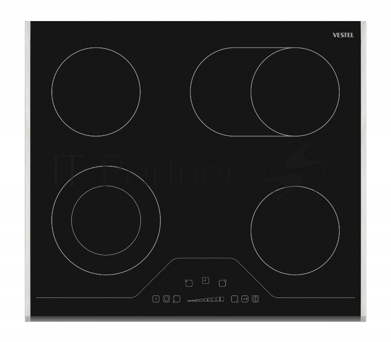 Встраиваемая электрическая варочная панель Vestel,HiLight,2 x 145 мм 1200 Вт,1 x 180 мм двойная 700 Вт/1700 Вт,1 x овальная 1000 Вт/1800 Вт, Таймер,Сенсорное управление-слайдер, индикатор остаточного тепла,блокировка от детей, блокировка управления,