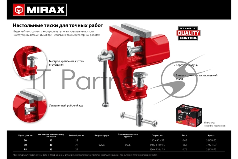 Настольные тиски для точных работ MIRAX, 75 мм