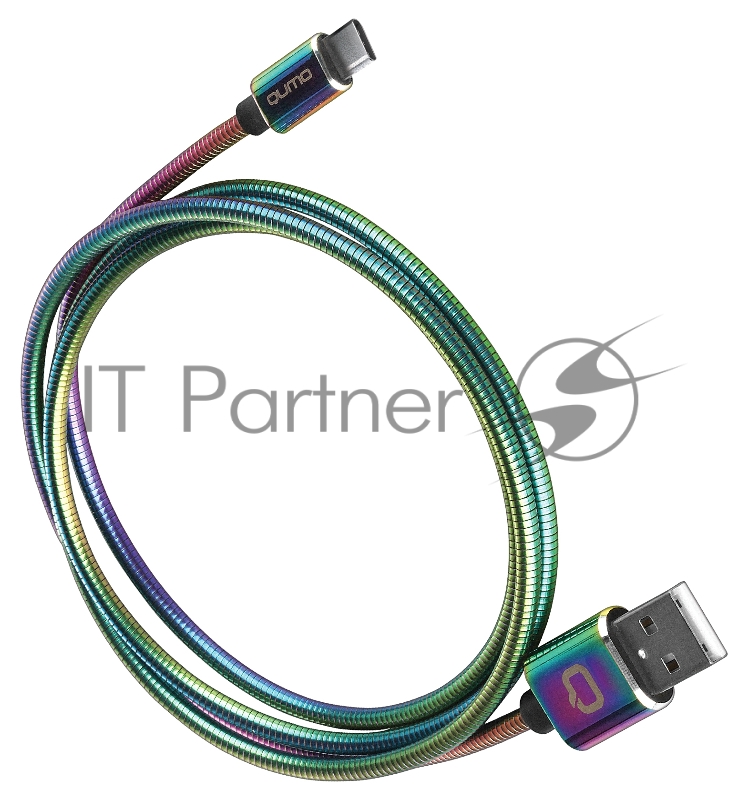 Кабель Qumo, USB 2.0-Type C, 1м, 5/9/12В, 5A, 22.5Вт (Huawei FCP и SCP), опл. металл. пружинка, кон. металл, rainbow