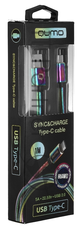 Кабель Qumo, USB 2.0-Type C, 1м, 5/9/12В, 5A, 22.5Вт (Huawei FCP и SCP), опл. металл. пружинка, кон. металл, rainbow