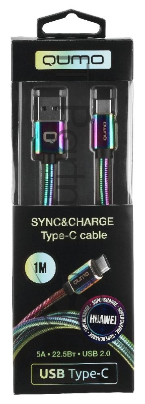 Кабель Qumo, USB 2.0-Type C, 1м, 5/9/12В, 5A, 22.5Вт (Huawei FCP и SCP), опл. металл. пружинка, кон. металл, rainbow