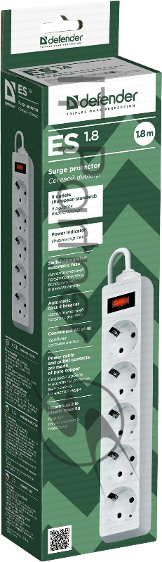 Сетевой фильтр Defender Фильтр ES, 1.8м, 5 розеток белый 99481