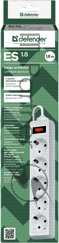 Сетевой фильтр Defender Фильтр ES, 1.8м, 5 розеток белый 99481