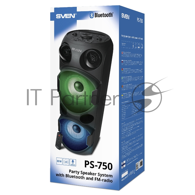 Колонка АС SVEN PS-750, черный (80 Вт, TWS, Bluetooth, FM, USB, microSD, LED-дисплей, 2х4400мА*ч)