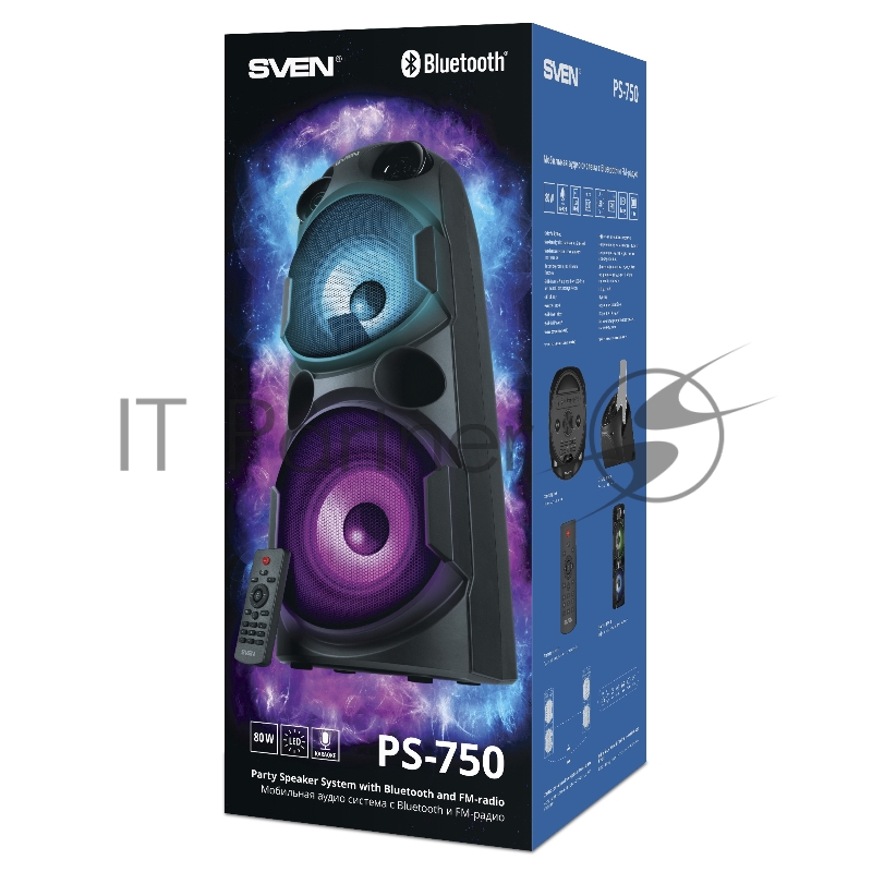 Колонка АС SVEN PS-750, черный (80 Вт, TWS, Bluetooth, FM, USB, microSD, LED-дисплей, 2х4400мА*ч)