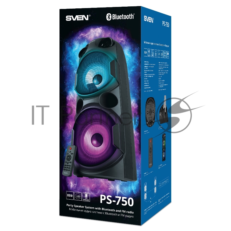 Колонка АС SVEN PS-750, черный (80 Вт, TWS, Bluetooth, FM, USB, microSD, LED-дисплей, 2х4400мА*ч)