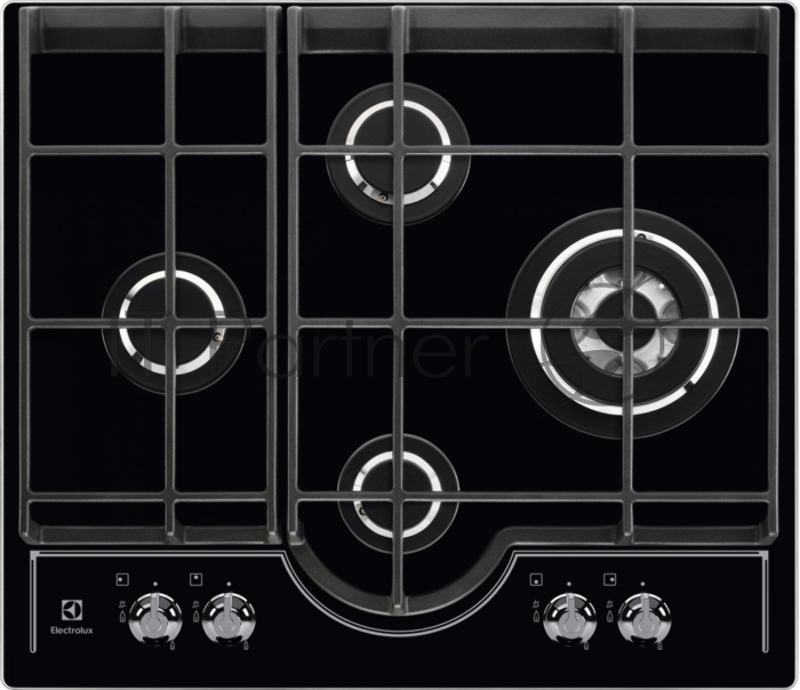 Газовая варочная панель Electrolux GPE363RCK (газовая на 4 конфорки, закаленное стекло, мощность: 9000 Вт, автоматический электроподжиг, газ-контроль, решетки: чугун, независимая установка, размеры (ШхГ): 59x52 см)