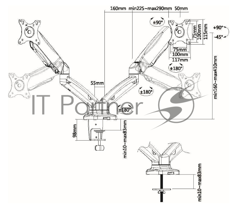 Кронштейн для мониторов Ultramounts UM 705 черный 13-27 макс.13кг настольный поворот и наклон верт.перемещ.
