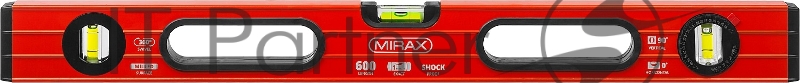 Уровень коробчатый усиленный MIRAX, фрезерованная поверхность, утолщенный профиль, 3 противоударных ампулы (1 поворотная на 360 град), с ручками, 60 см