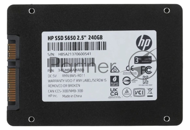 Твердотельный накопитель HP S650, 2.5 SATA III, 3D NAND TLC, 240 Гб