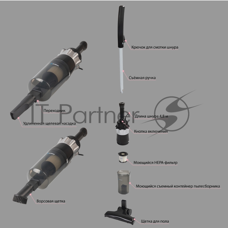 Вертикальный пылесос циклонного типа Endever SkyClean VC-296, черный/серый, 4 шт/уп