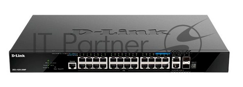 Управляемый L3 стекируемый коммутатор D-Link DGS-1520-28MP/A1A с 20 портами 10/100/1000Base-T, 4 портами 100/1000/2.5GBase-T, 2 портами 10GBase-T и 2 портами 10GBase-X SFP+
