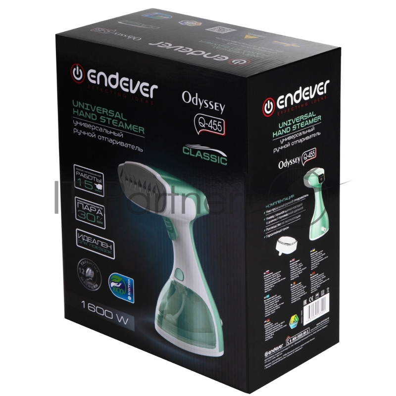 Отпариватель для одежды компактный Endever Odyssey Q-455, белый/зеленый, мощность 1600 Вт, производительность пара 30 г/мин, емкость 300 мл, 8 шт/уп.