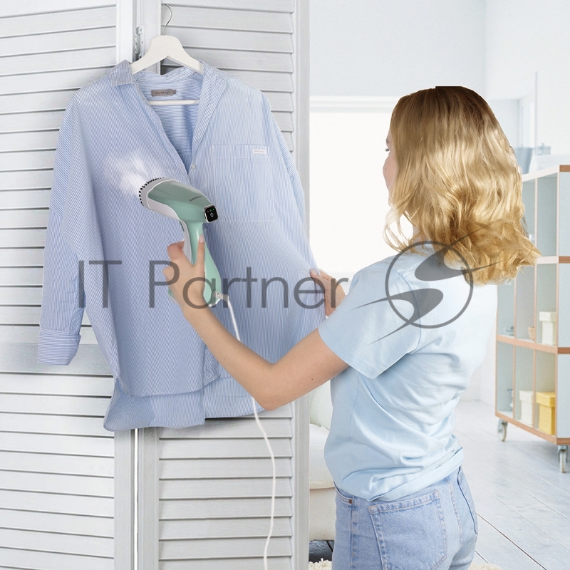 Отпариватель для одежды компактный Endever Odyssey Q-455, белый/зеленый, мощность 1600 Вт, производительность пара 30 г/мин, емкость 300 мл, 8 шт/уп.