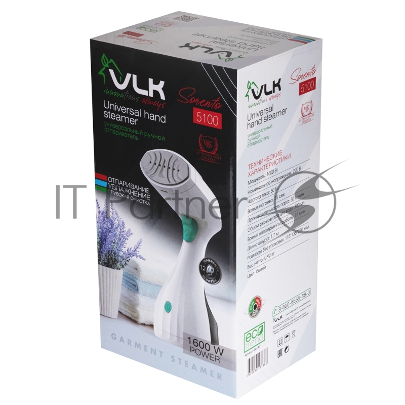 VLK Sorento 5100, отпариватель, белый, мощность 1600 Вт, производительность пара 30 г/мин, емкость 300 мл, 8 шт/уп