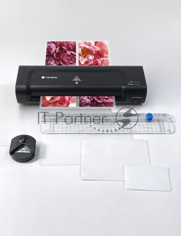 Ламинатор ГЕЛЕОС ЛМ A4 Комбо, А4, 2х150 (пленка 75-150мкм), 300 мм/мин, 2 вала, пласт. корпус, мах толщина 0,6мм, разжим валов, + резак, обрезчик углов и стартовый набор пленок