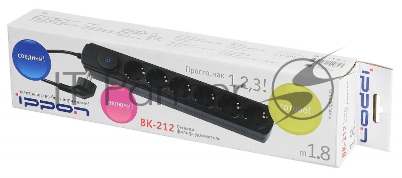Сетевой фильтр Ippon BK212 1.8м (6 розеток) черный (коробка)