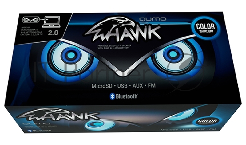 Колонка беспроводная Qumo Hawk (ВТ 0051), BT5.0, 10Вт, FM, MicroSD, USB, AUX, подсветка, 1500мА-ч